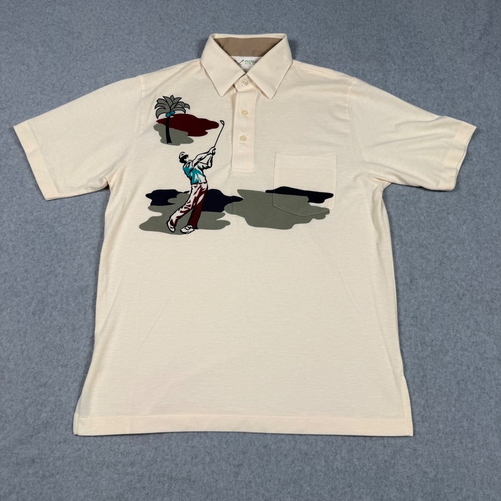 Vintage 80s Palmland Club Mens Cream Golfer Graphic Polo Shirt Size M Dadcore